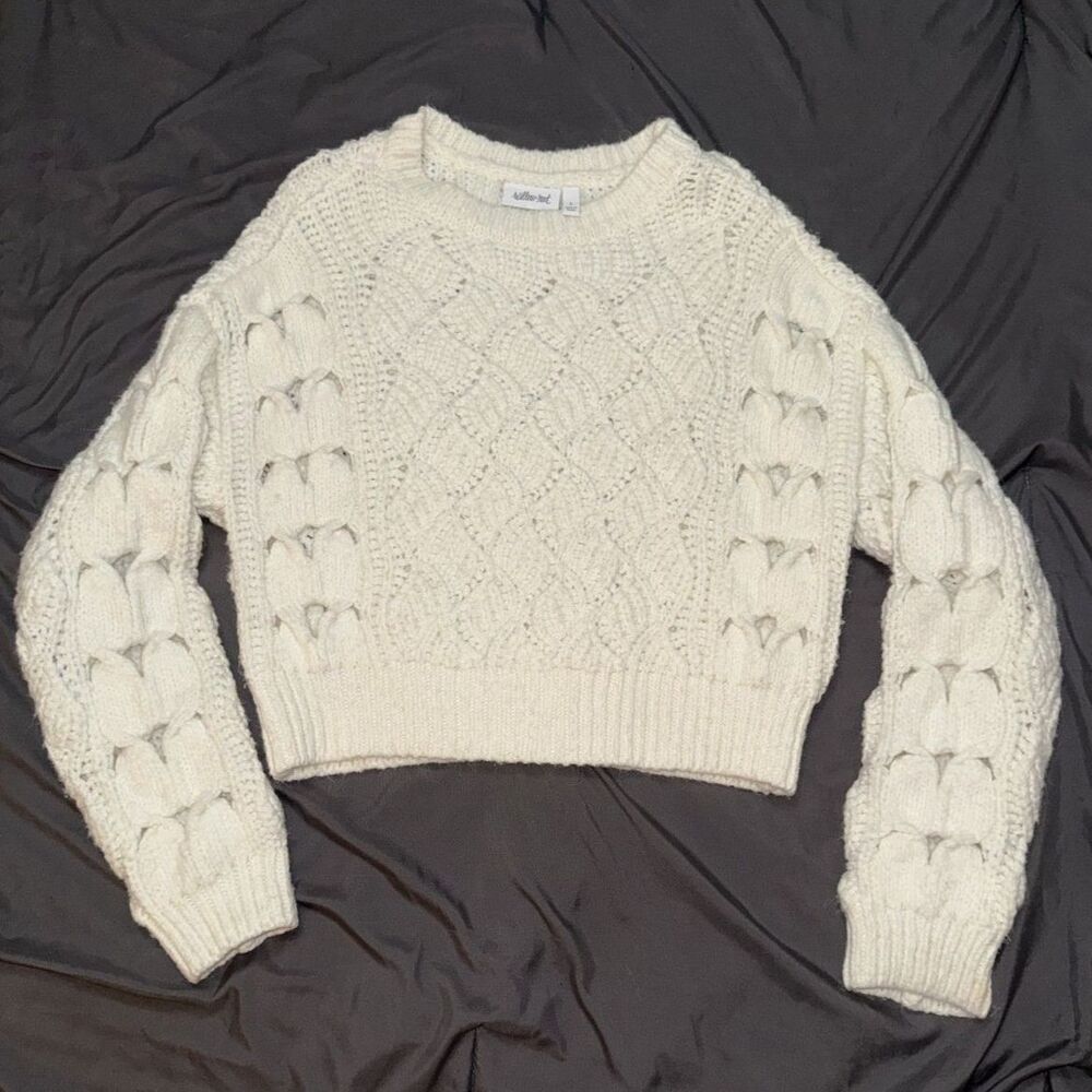 Willow+Root Women's Cropped Cable Knit Sweater Large Ivory Chunky Bubble Sleeve